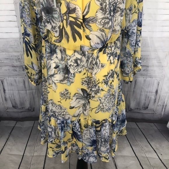 Tommy Hilfiger Large Dress Yellow Blue Floral Crinkle Chiffon Off-the-Shoulder - Picture 4 of 12